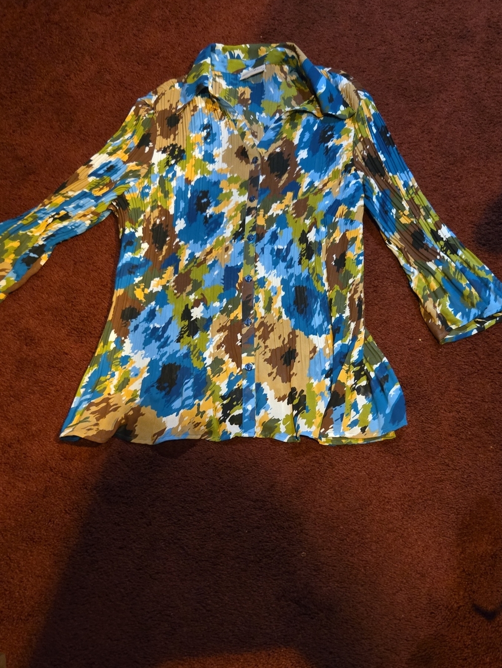 Fashion Bug Blue Green Brown Floral Button-Front Blouse